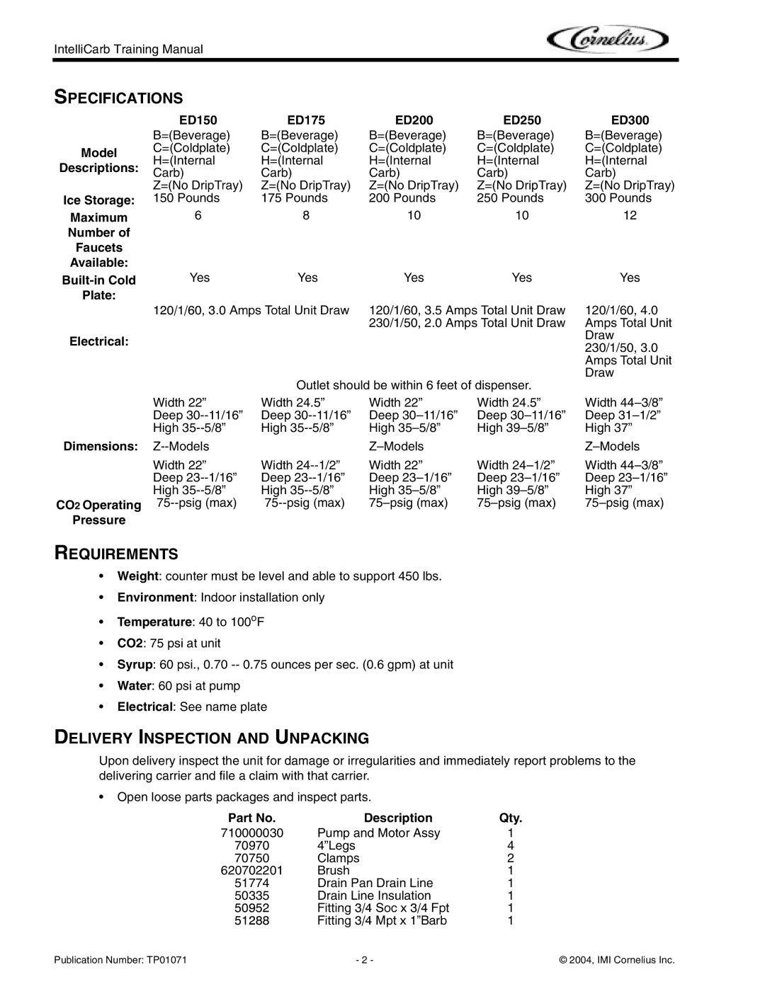 Cornelius Cold Beverage Dispenser manual Specifications, Requirements, Delivery Inspection and Unpacking, Description Qty 