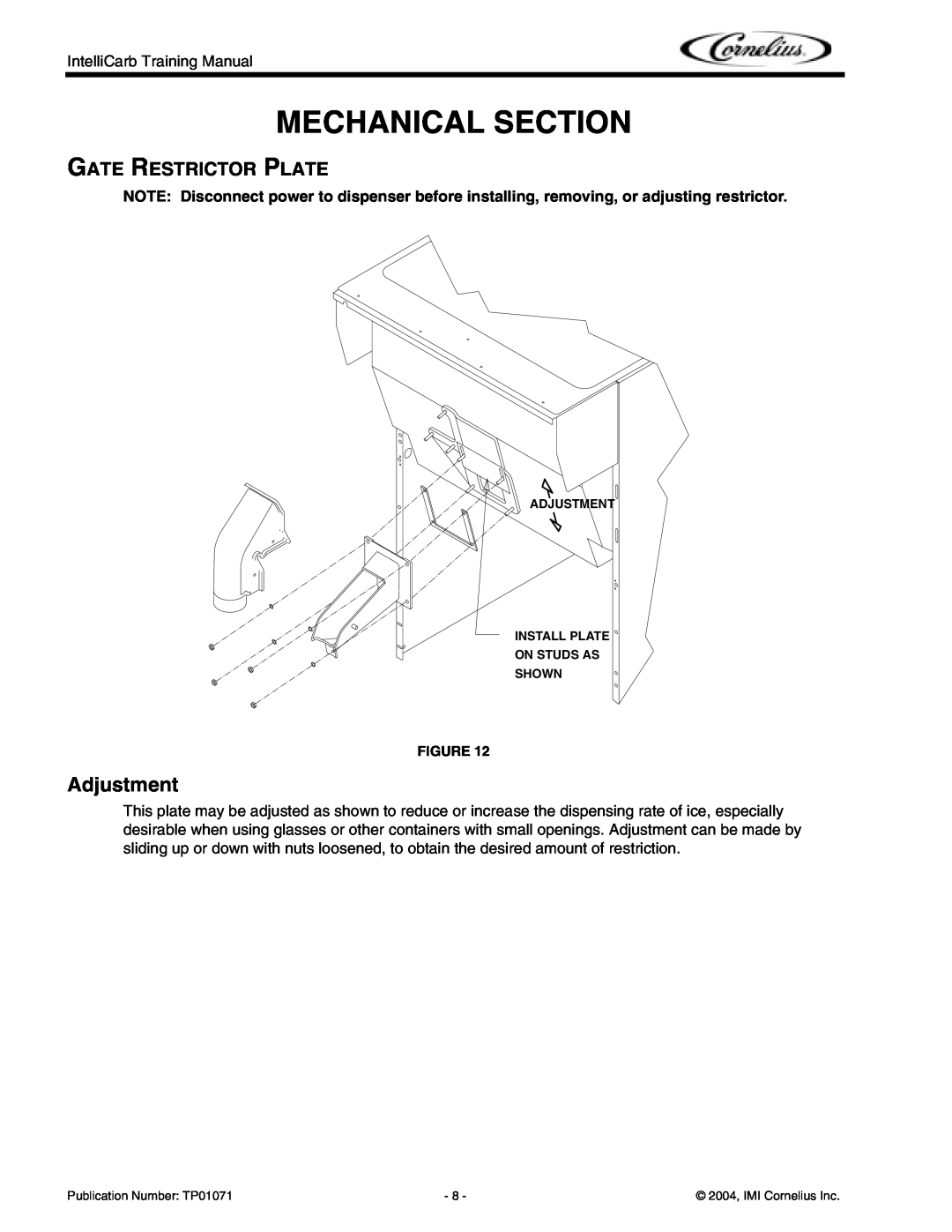 Cornelius Cold Beverage Dispenser manual Mechanical Section, Adjustment, Gate Restrictor Plate 