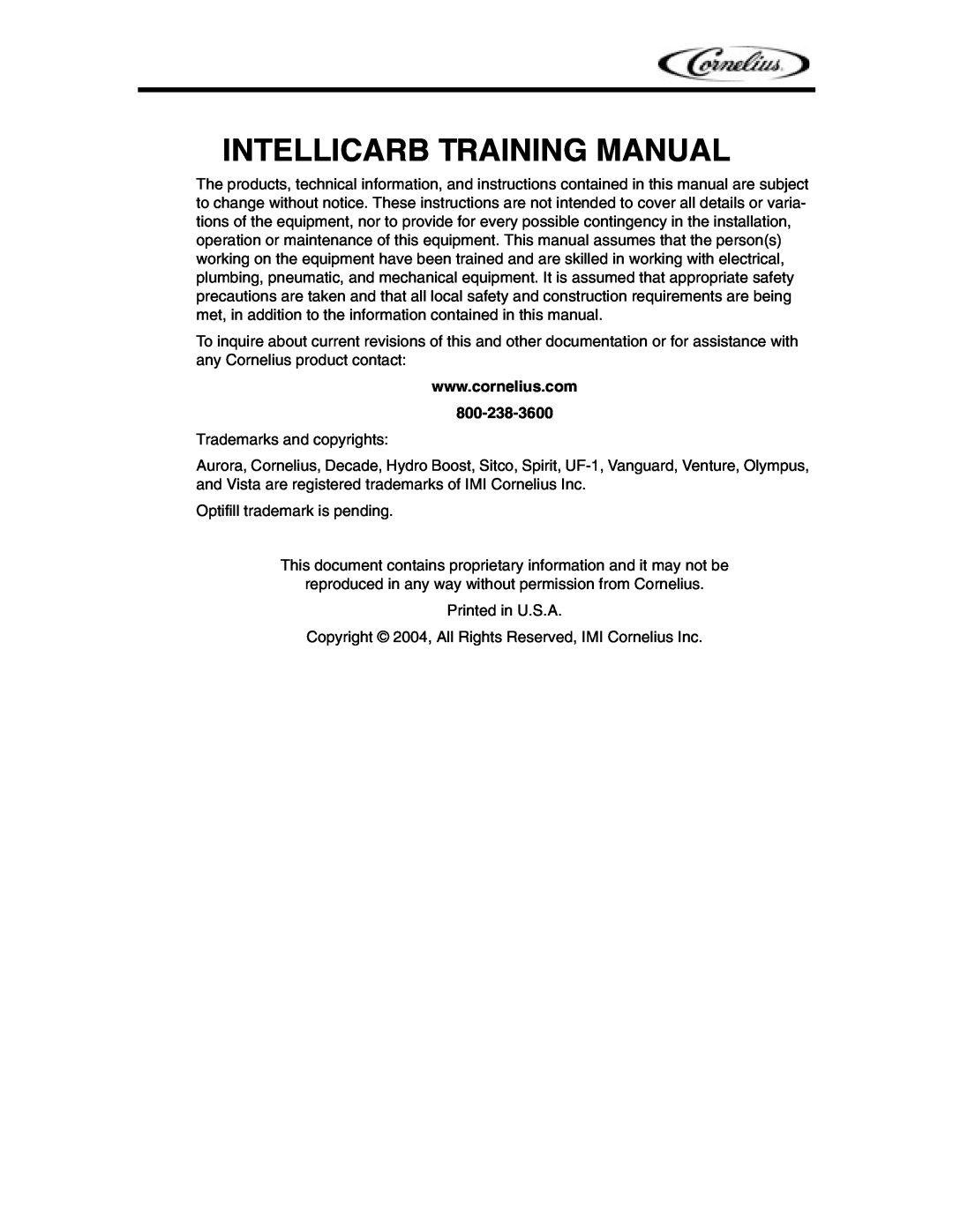 Cornelius Cold Beverage Dispenser manual Intellicarb Training Manual 