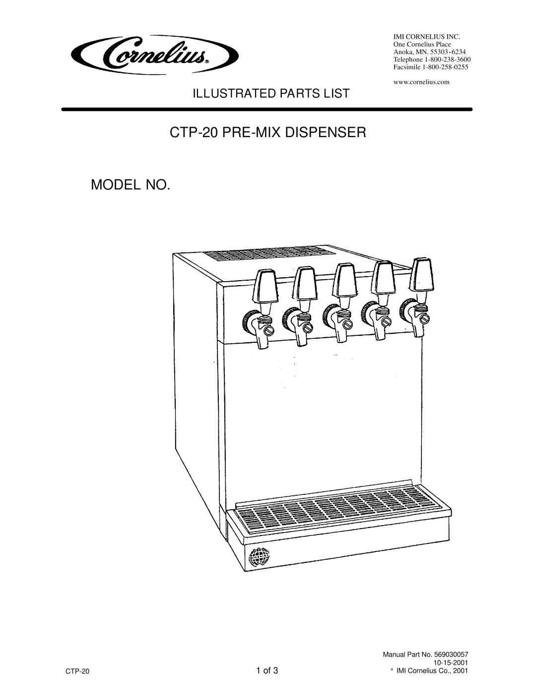 Cornelius manual CTP-20 PRE-MIX Dispenser Model no 