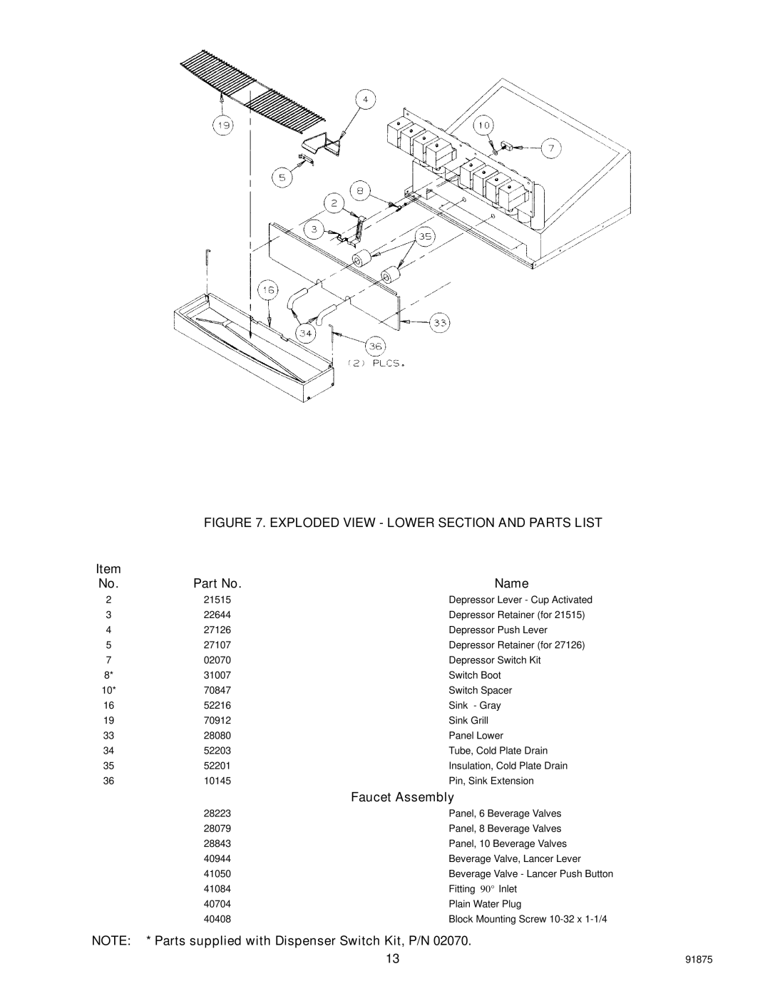 Cornelius D3030 manual Exploded View Lower Section and Parts List 