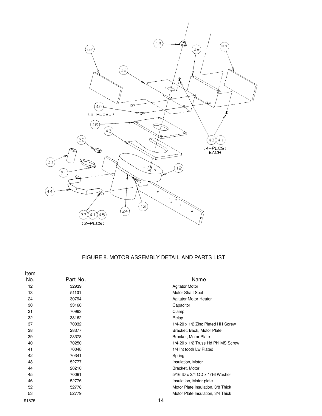 Cornelius D3030 manual Motor Assembly Detail and Parts List 