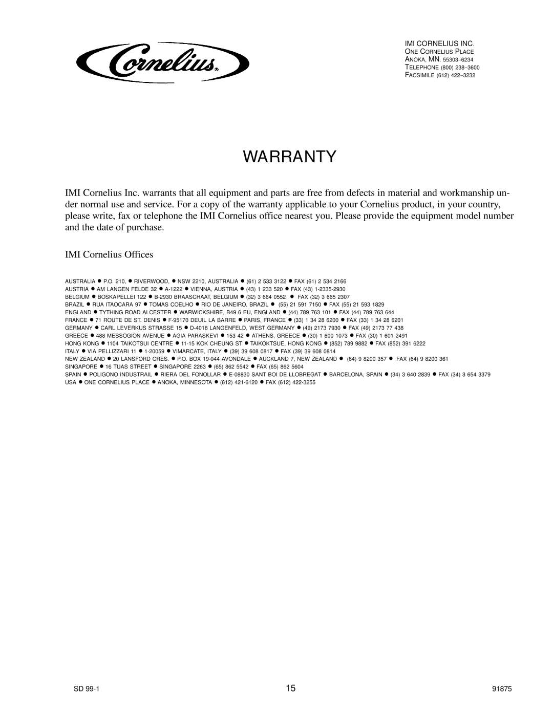 Cornelius D3030 manual Warranty 