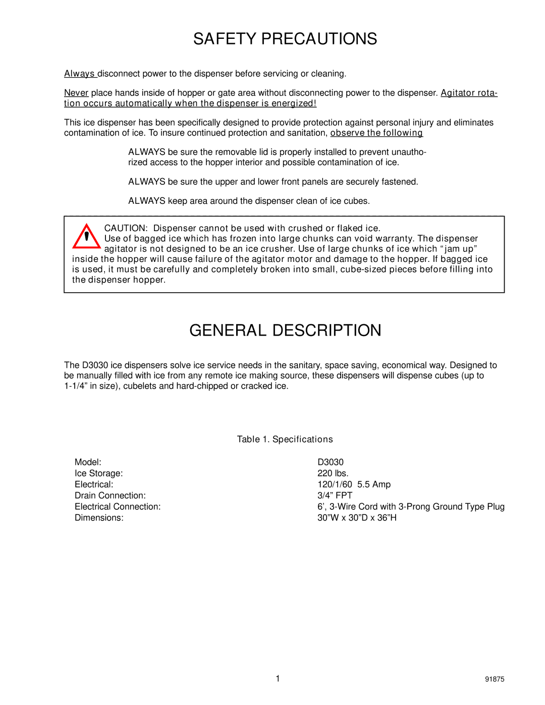 Cornelius D3030 manual Safety Precautions, General Description 