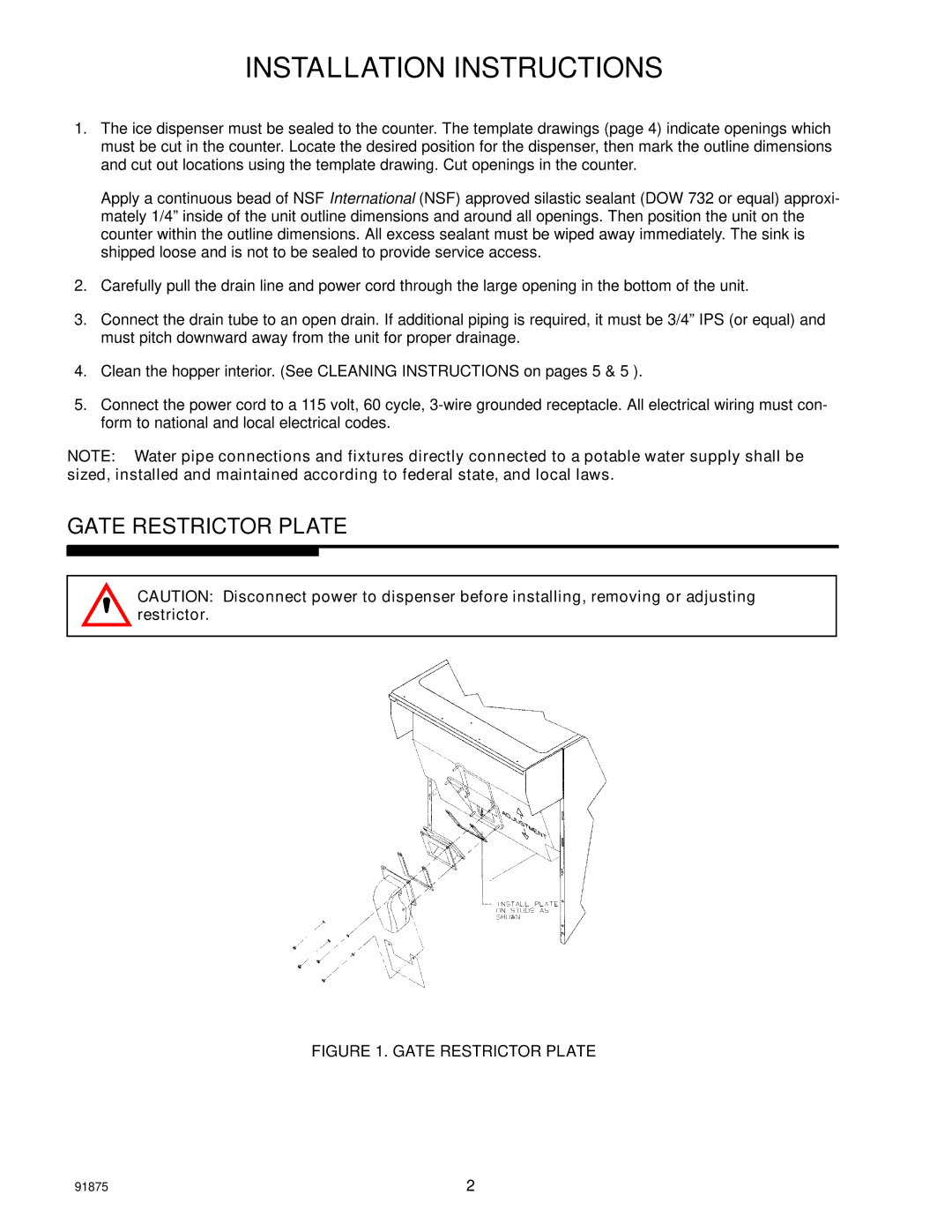 Cornelius D3030 manual Installation Instructions, Gate Restrictor Plate 