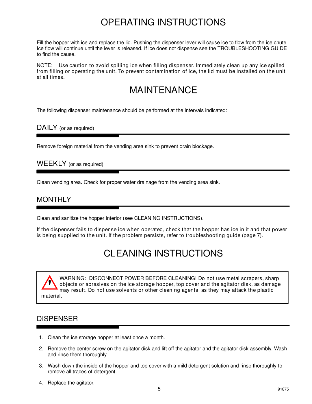 Cornelius D3030 manual Operating Instructions, Maintenance, Cleaning Instructions 