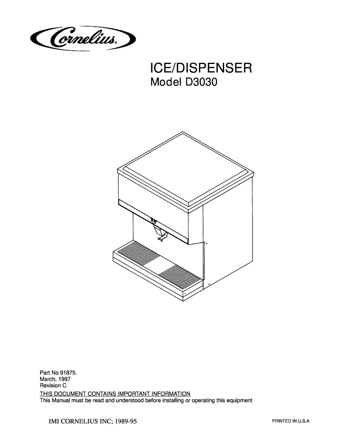 Cornelius manual Ice/Dispenser, Model D3030, Óimi Cornelius Inc 