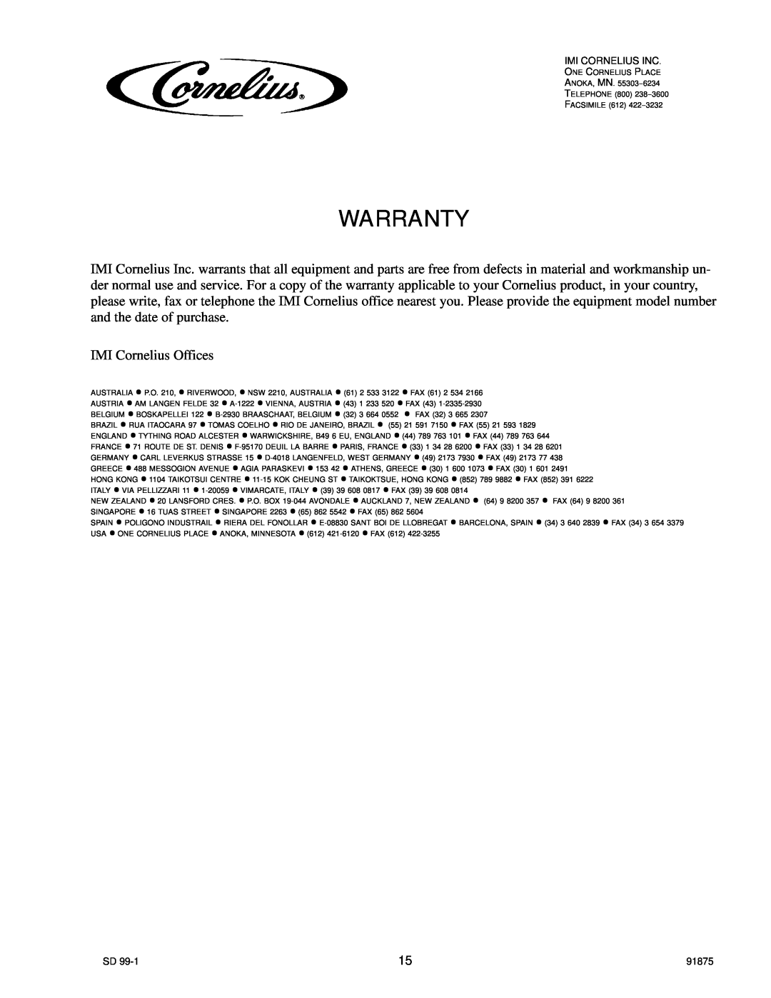 Cornelius D3030 manual Warranty, IMI Cornelius Offices 