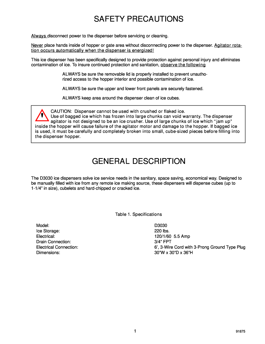 Cornelius D3030 manual Safety Precautions, General Description, Specifications 