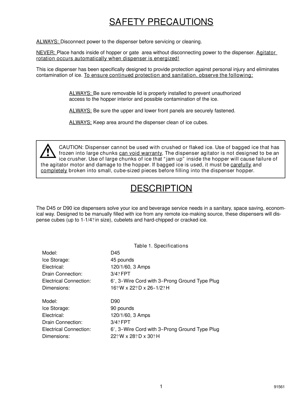 Cornelius D45, D90 installation manual Safety Precautions, Description, Specifications 