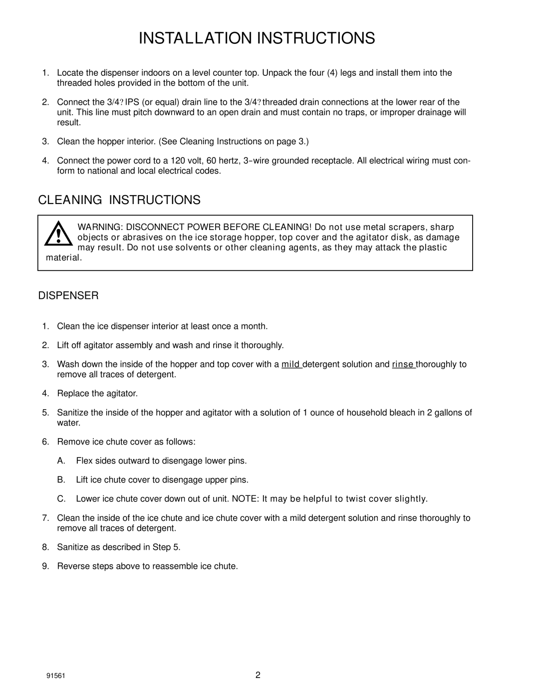 Cornelius D90, D45 installation manual Installation Instructions, Cleaning Instructions, Material 