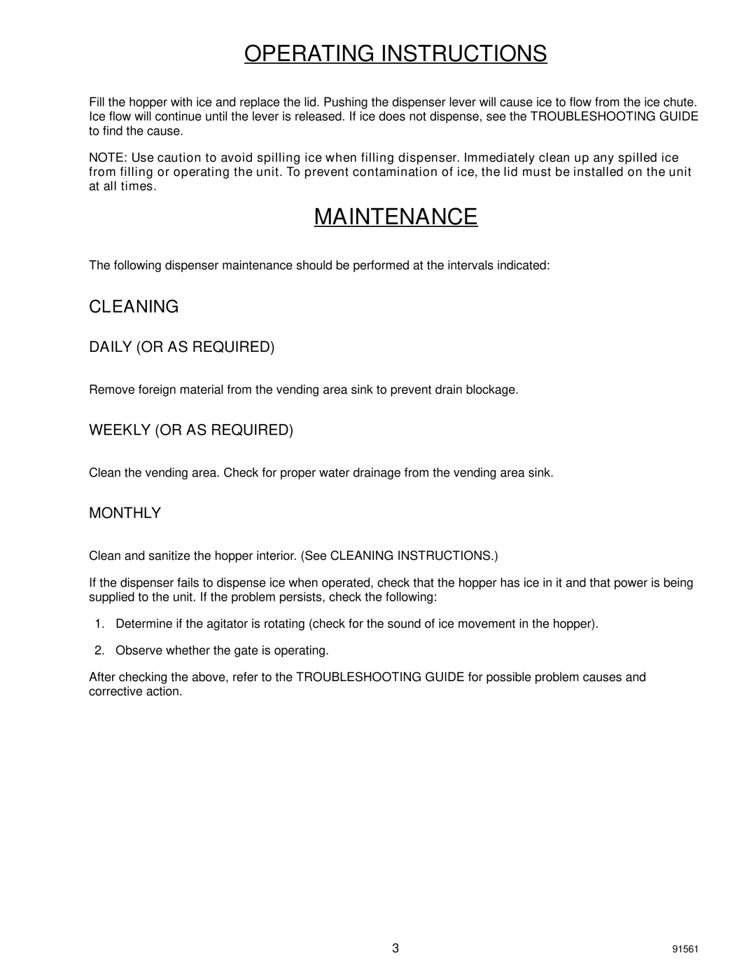 Cornelius D45, D90 installation manual Operating Instructions, Maintenance, Cleaning 