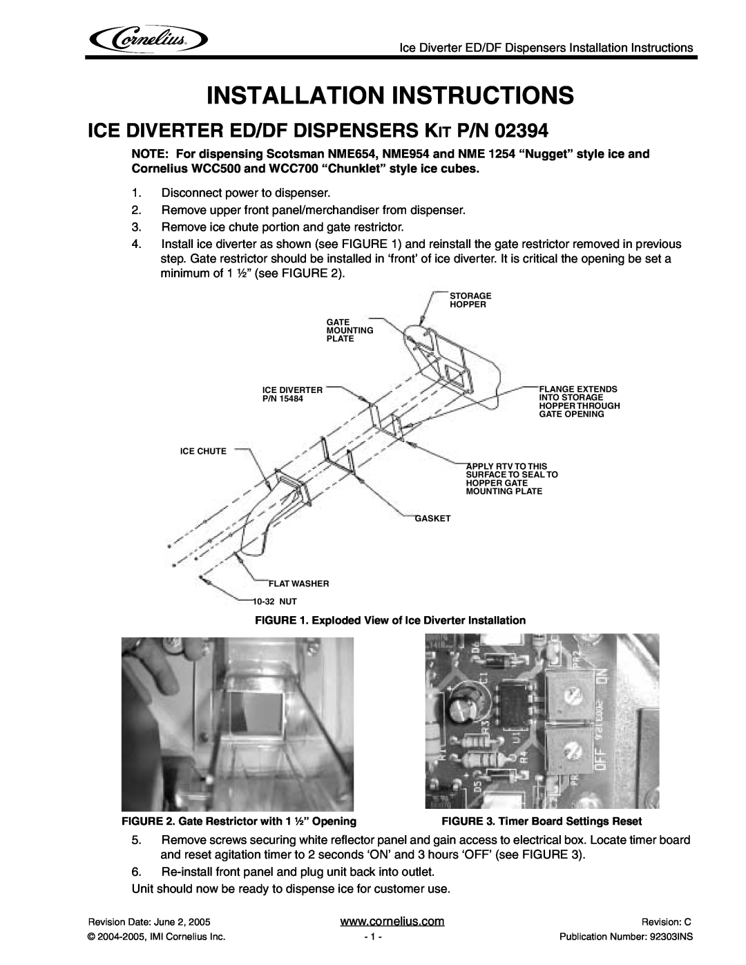 Cornelius DF150, DF175, DF200 installation instructions Installation Instructions, Ice Diverter Ed/Df Dispensers Kit P/N 