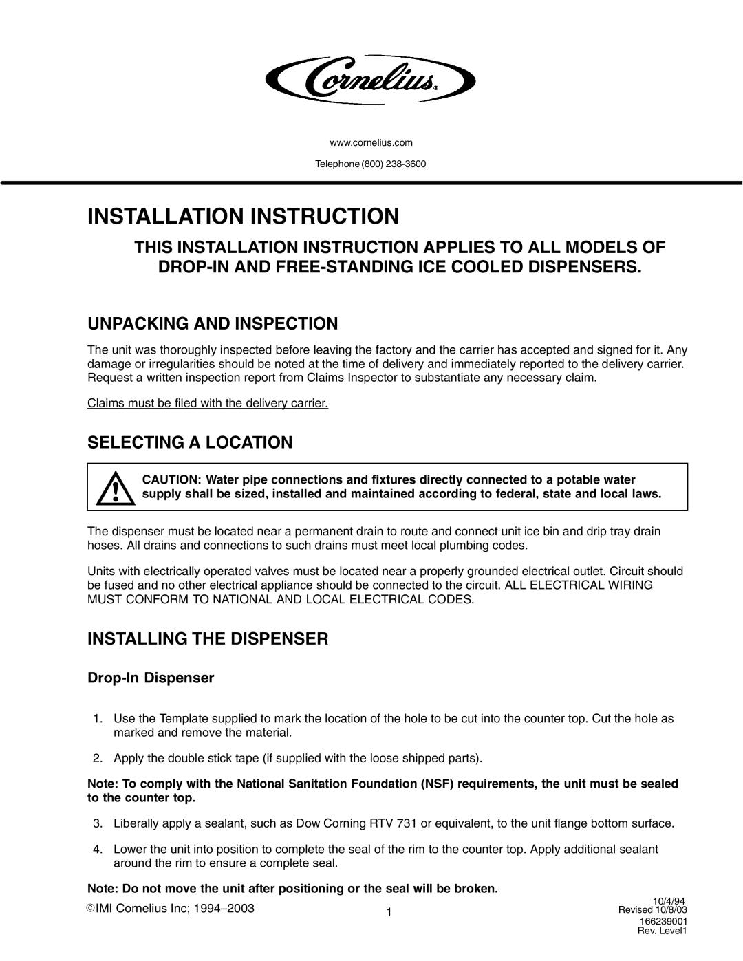 Cornelius Drop-In and Free-Standing Ice Cooled Dispensers manual Selecting a Location, Installing the Dispenser 