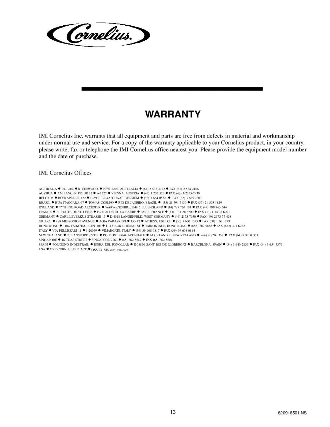 Cornelius ED-250 BCP installation manual Warranty 