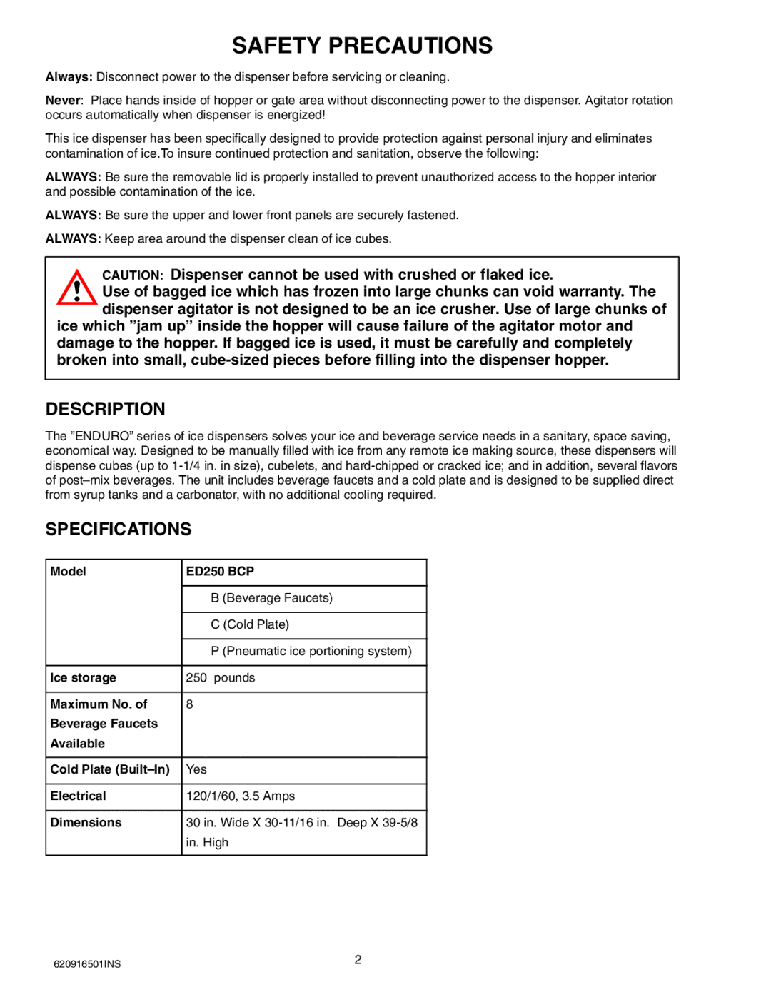 Cornelius ED-250 BCP installation manual Safety Precautions, ED250 BCP 