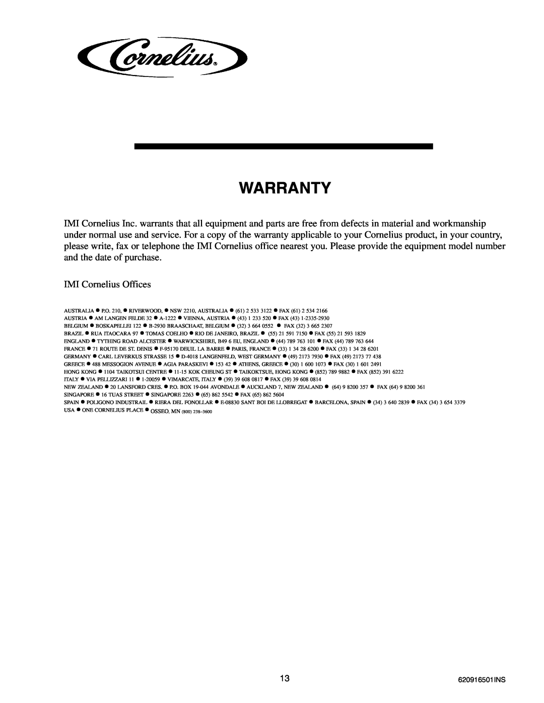 Cornelius ED-250 BCP installation manual Warranty, IMI Cornelius Offices, 620916501INS 