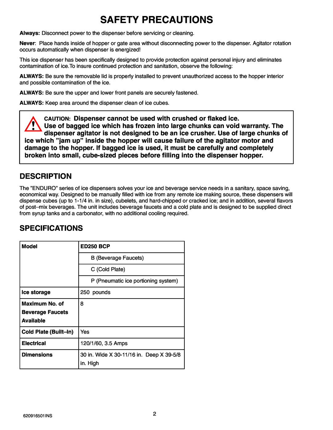 Cornelius ED-250 BCP installation manual Safety Precautions, Description, Specifications 