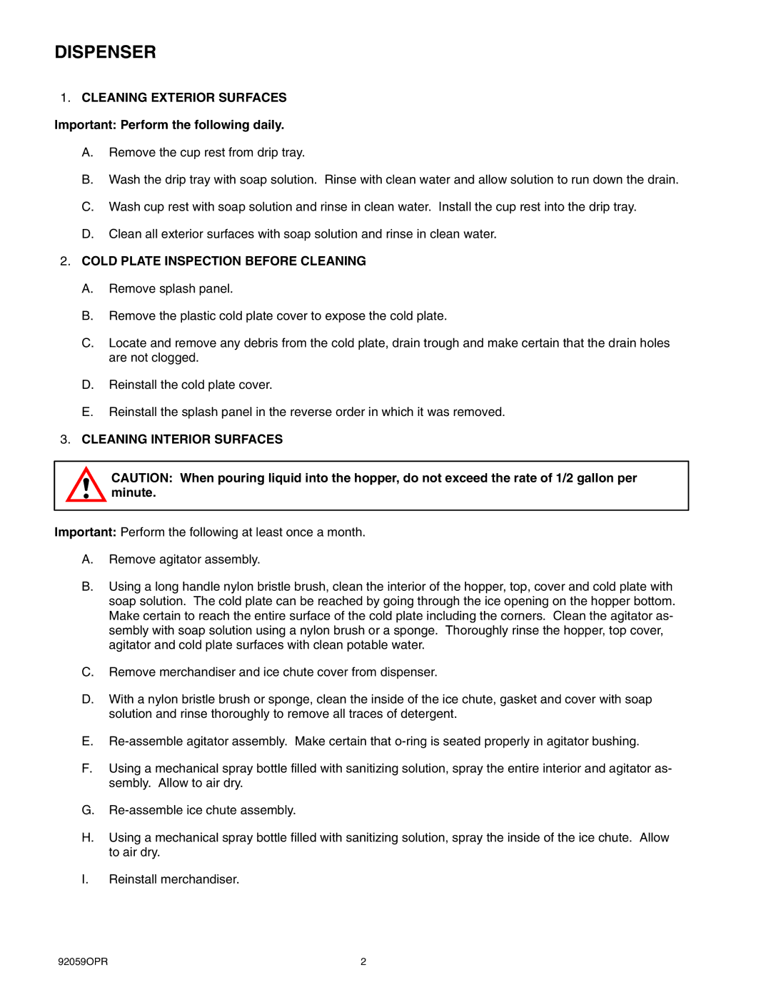Cornelius ED 300 BC manual Dispenser, Cold Plate Inspection Before Cleaning, Cleaning Interior Surfaces 