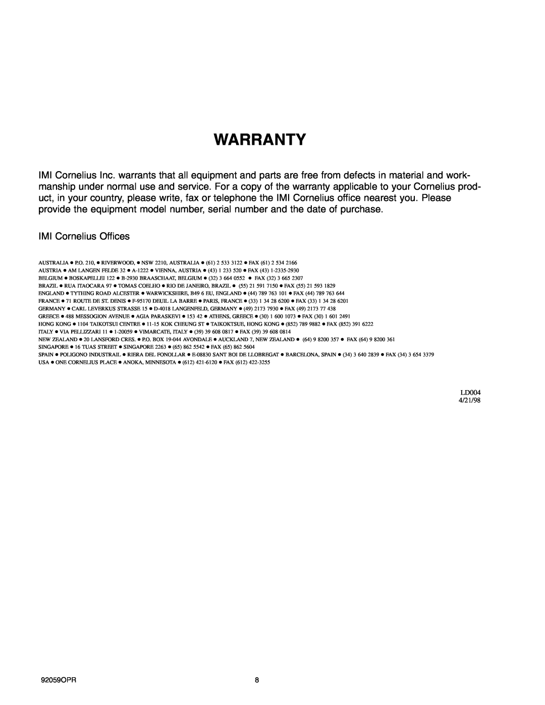 Cornelius ED 300 BC manual Warranty, IMI Cornelius Offices, LD004 4/21/98, 92059OPR 