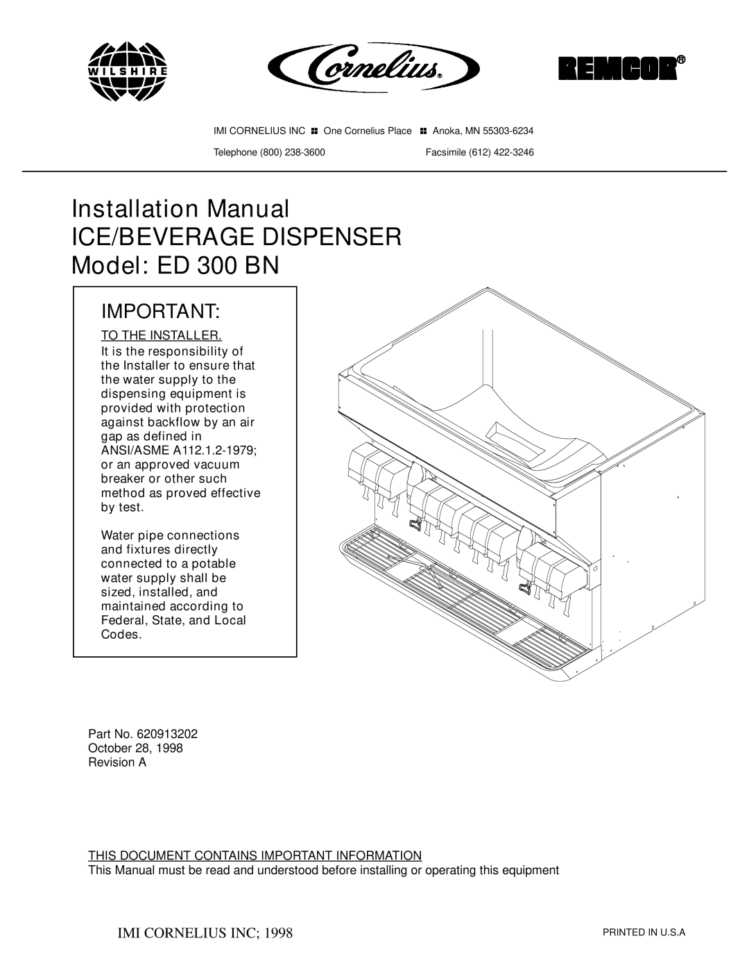 Cornelius ED 300 BN installation manual ICE/BEVERAGE Dispenser 