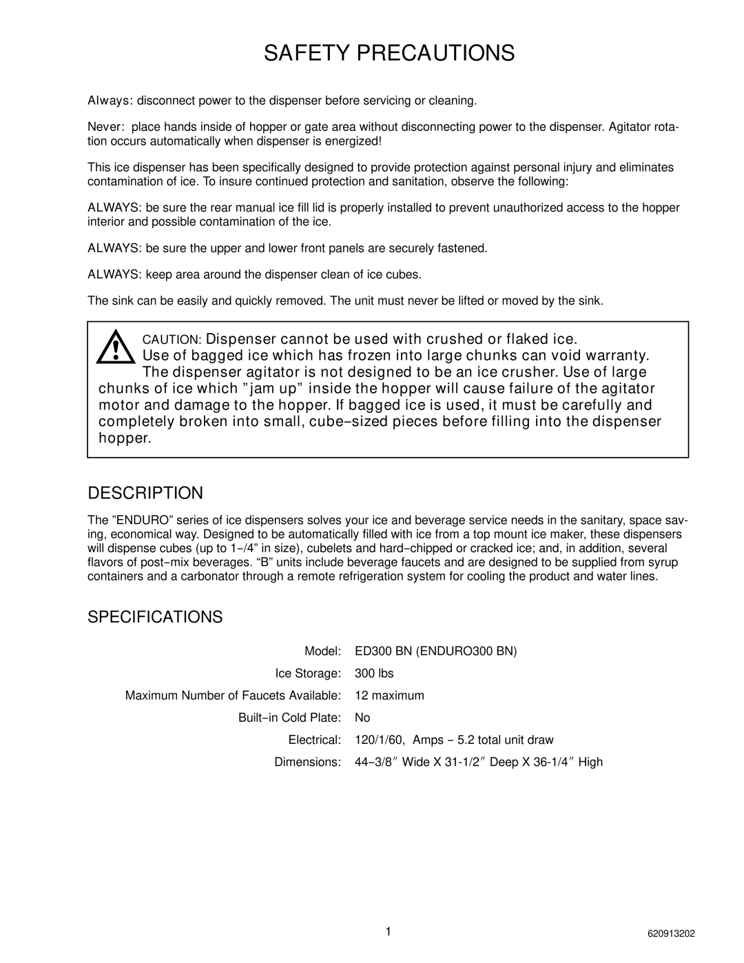 Cornelius ED 300 BN installation manual Safety Precautions, Description 