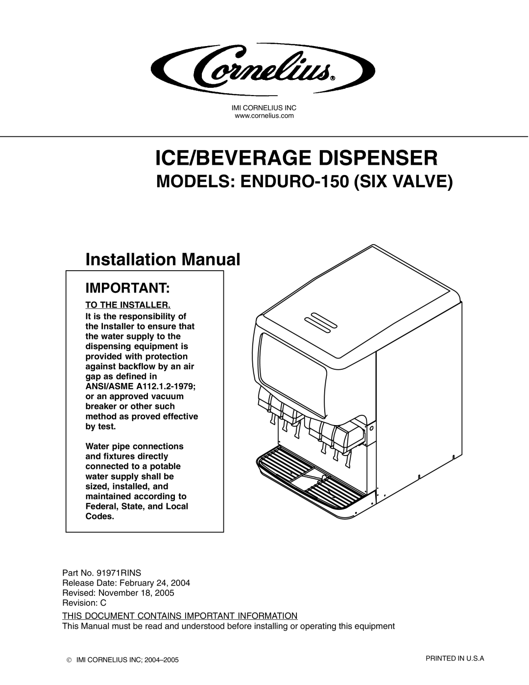 Cornelius ENDURO-150 installation manual ICE/BEVERAGE Dispenser, This Document Contains Important Information 