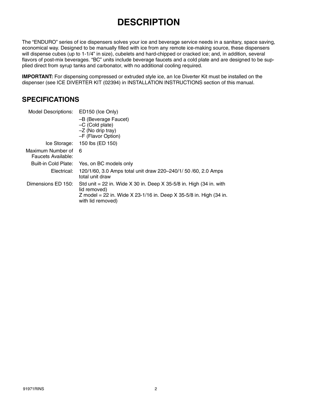 Cornelius ENDURO-150 installation manual Description, Specifications 