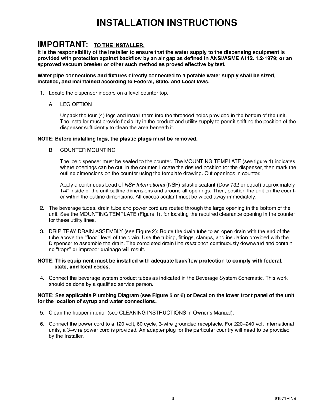 Cornelius ENDURO-150 installation manual Installation Instructions, LEG Option, Counter Mounting 