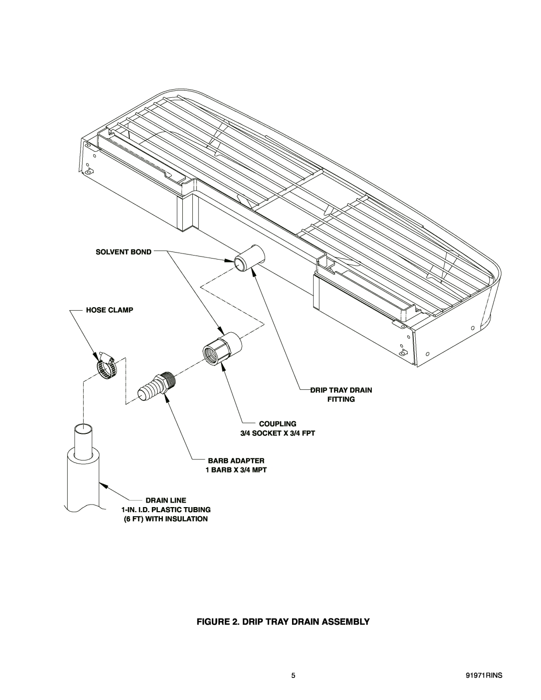 Cornelius ENDURO-150 installation manual Drip Tray Drain Assembly, Solvent Bond Hose Clamp Drip Tray Drain Fitting 