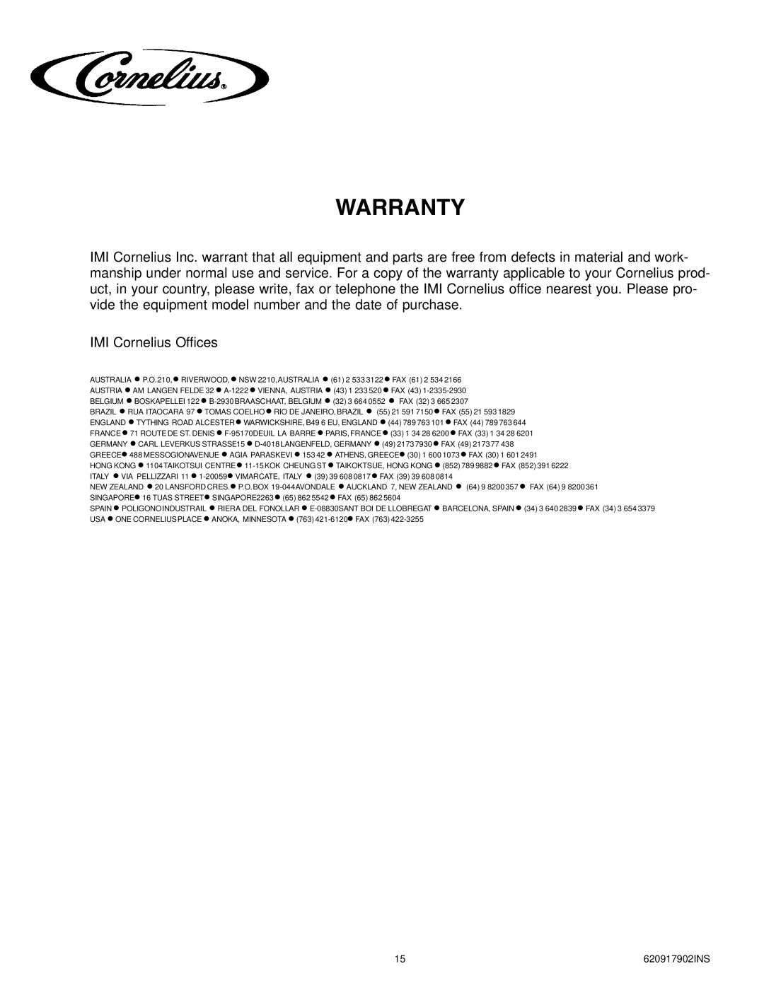 Cornelius ENDURO-175 installation manual Warranty 