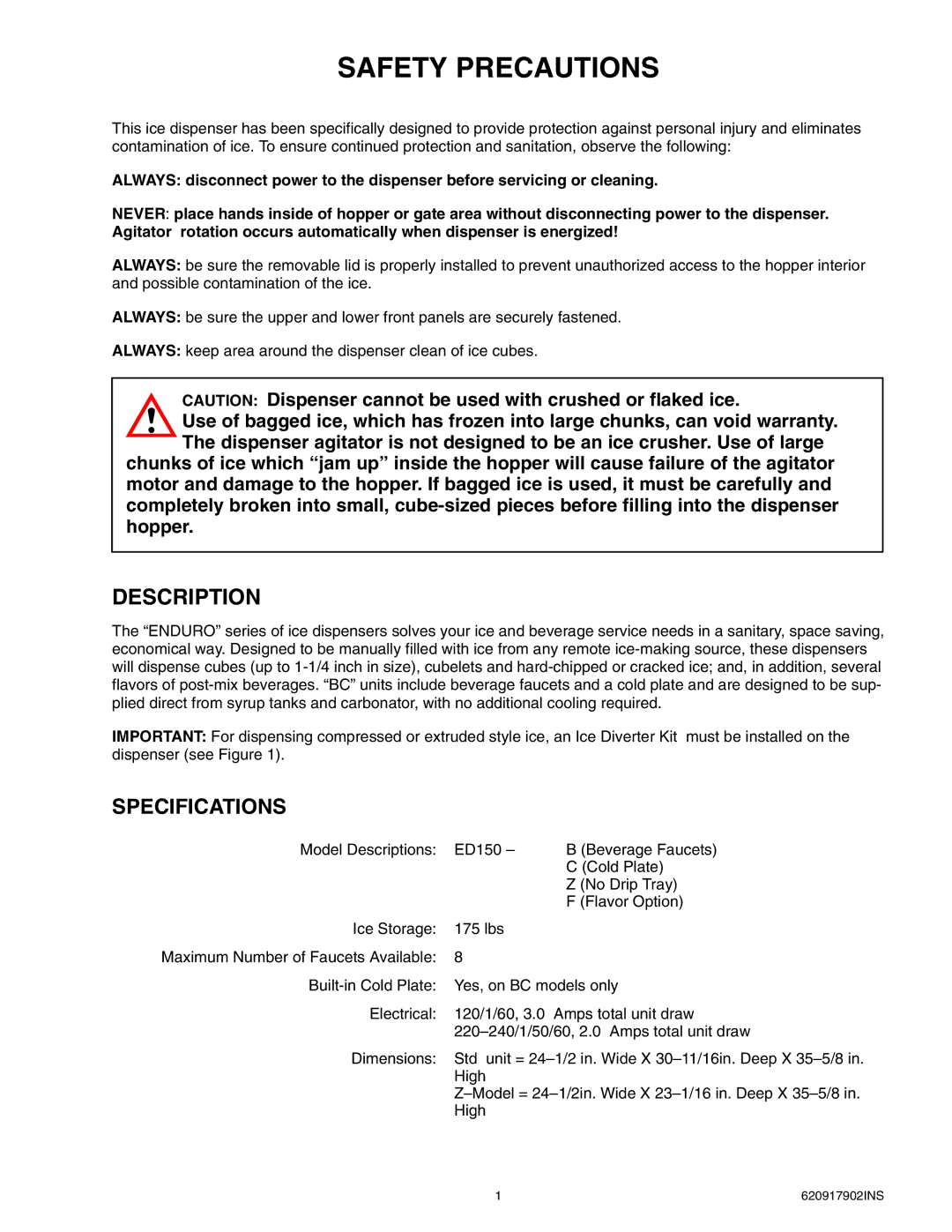 Cornelius ENDURO-175 installation manual Safety Precautions, Description 