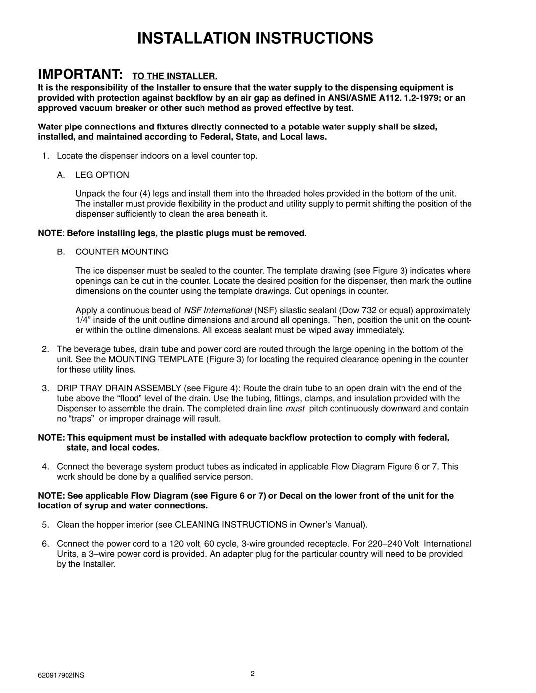 Cornelius ENDURO-175 Installation Instructions, Important to the Installer, LEG Option, Counter Mounting 