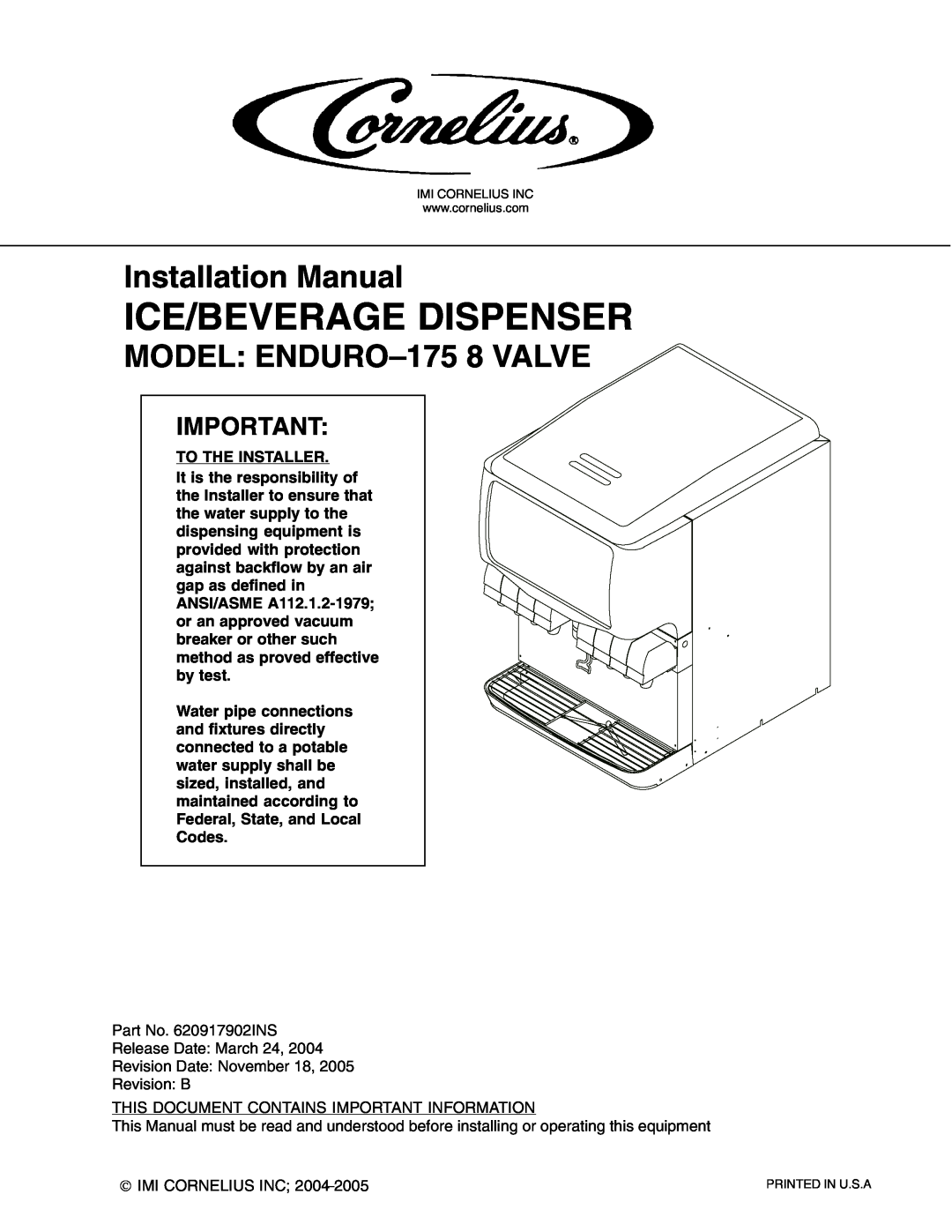 Cornelius installation manual Ice/Beverage Dispenser, Installation Manual, MODEL ENDURO-1758 VALVE 