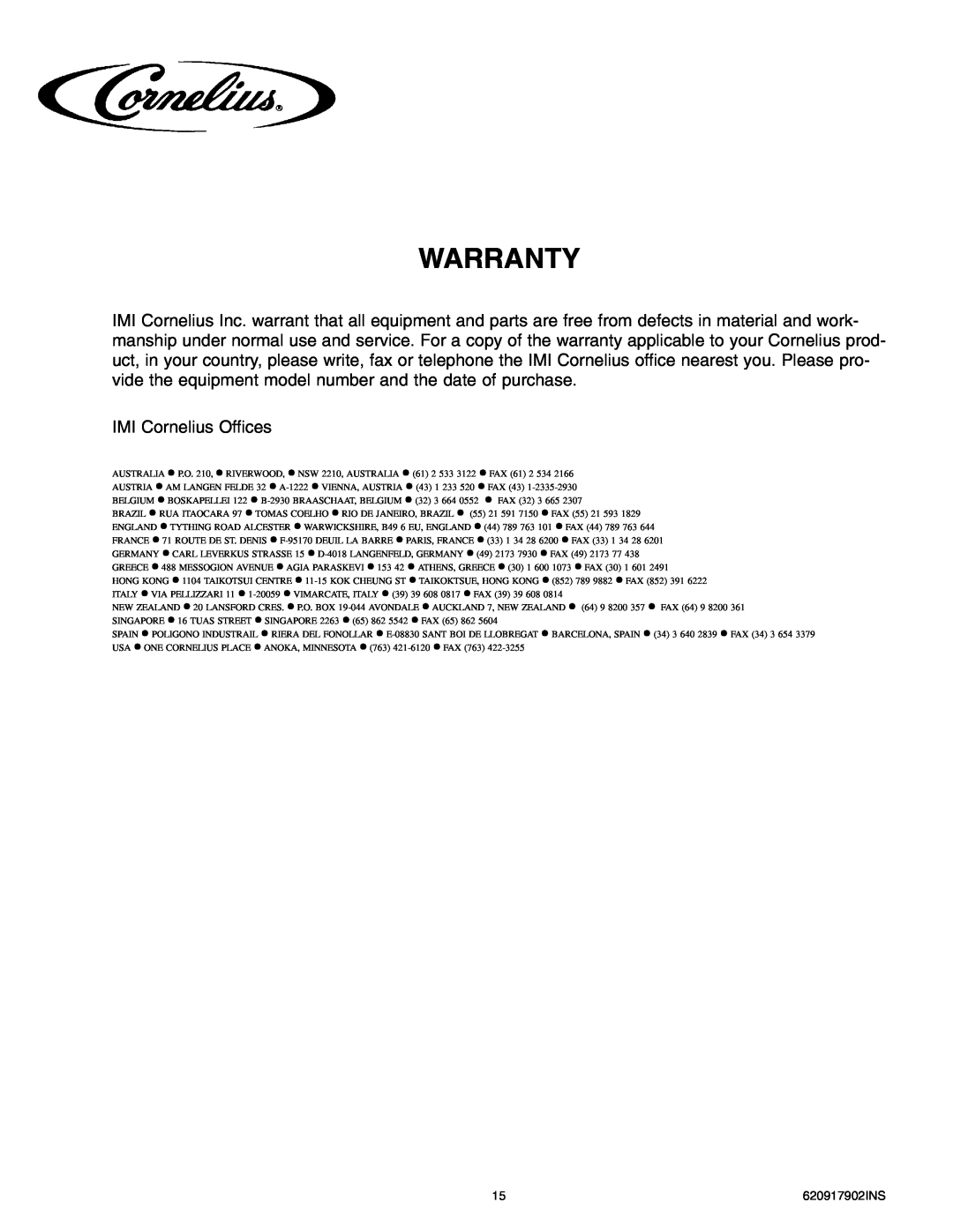 Cornelius ENDURO-175 installation manual Warranty, IMI Cornelius Offices 