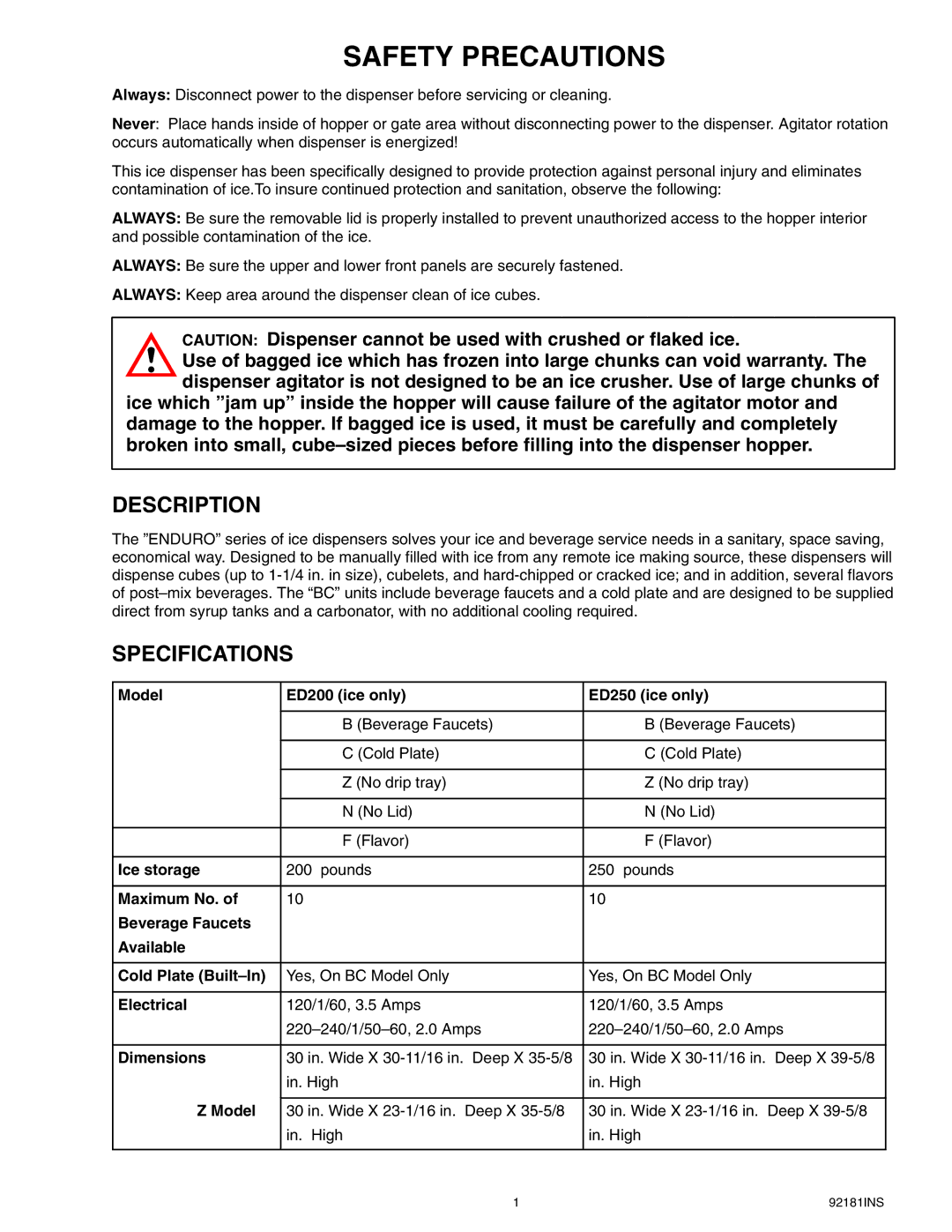 Cornelius Enduro-200/250 installation manual Safety Precautions, Description 