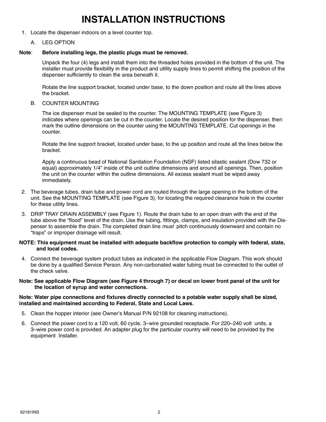 Cornelius Enduro-200/250 installation manual Installation Instructions, LEG Option, Counter Mounting 