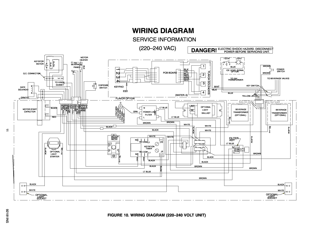 Cornelius Enduro-200/250 installation manual Wiring Diagram, Danger, Service Information, 220-240VAC 