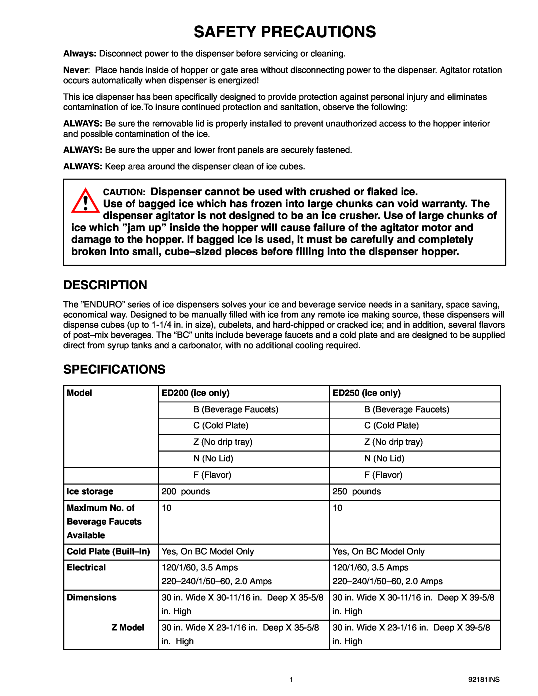 Cornelius Enduro-200/250 installation manual Safety Precautions, Description, Specifications 