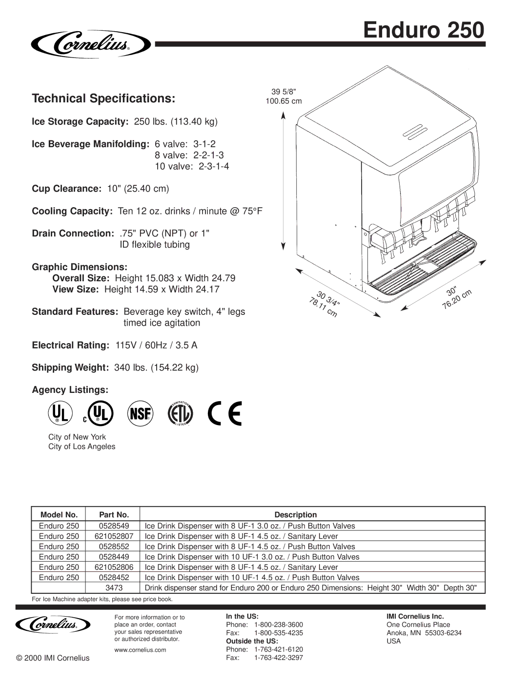 Cornelius Enduro 250 manual Technical Specifications, Nsf 