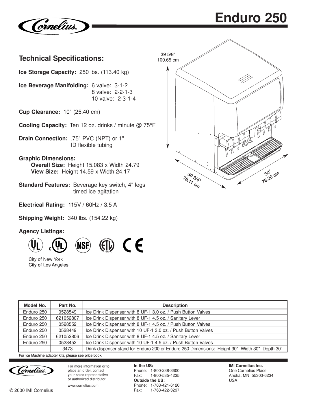 Cornelius Enduro 250 Technical Specifications, Drain Connection .75 PVC NPT or, ID flexible tubing, Model No, Description 