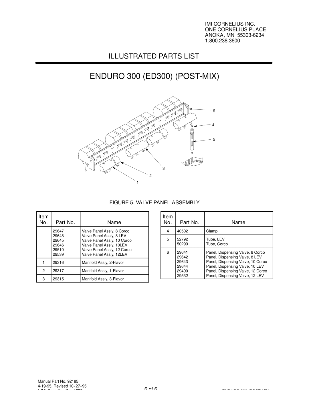 Cornelius ENDURO 300 (ED300) manual Valve Panel Assembly 