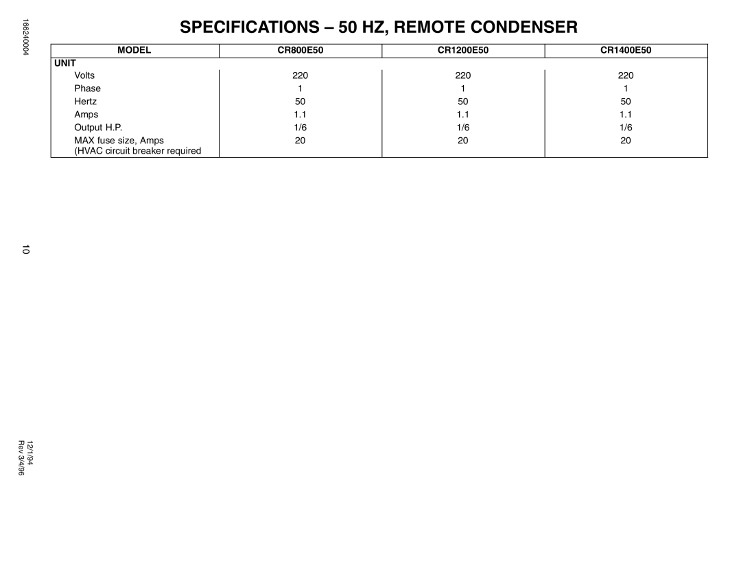 Cornelius IAC 322, IAC227, IWC530, IWC330, IWC322, IAC330 Specifications 50 HZ, Remote Condenser, CR800E50 CR1200E50 CR1400E50 