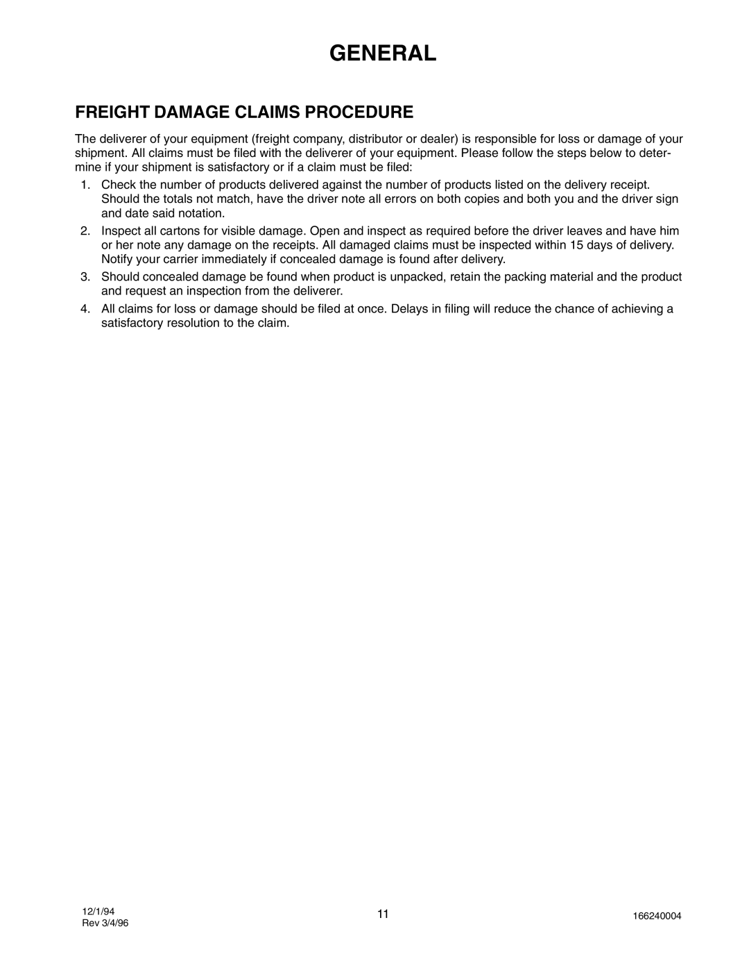 Cornelius IAC227, IAC 322, CR800, CR1200, CR1400, IWC530, IWC330, IWC322, IAC330, IAC522 General, Freight Damage Claims Procedure 