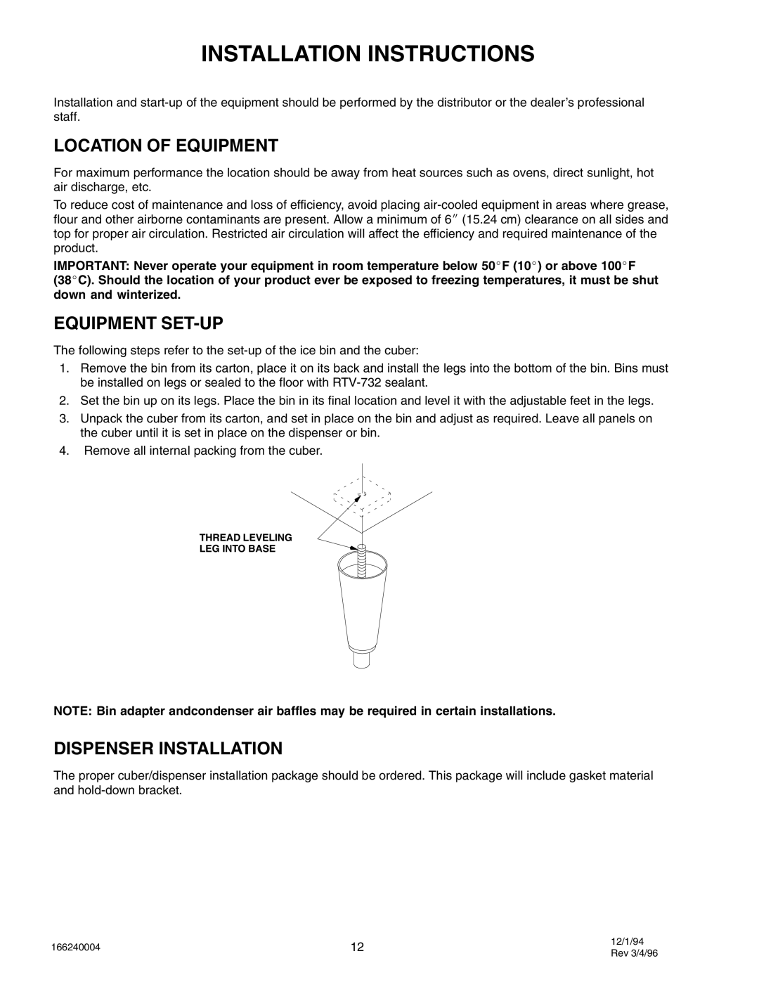 Cornelius CR800, IAC 322, IAC227 Installation Instructions, Location of Equipment, Equipment SET-UP, Dispenser Installation 