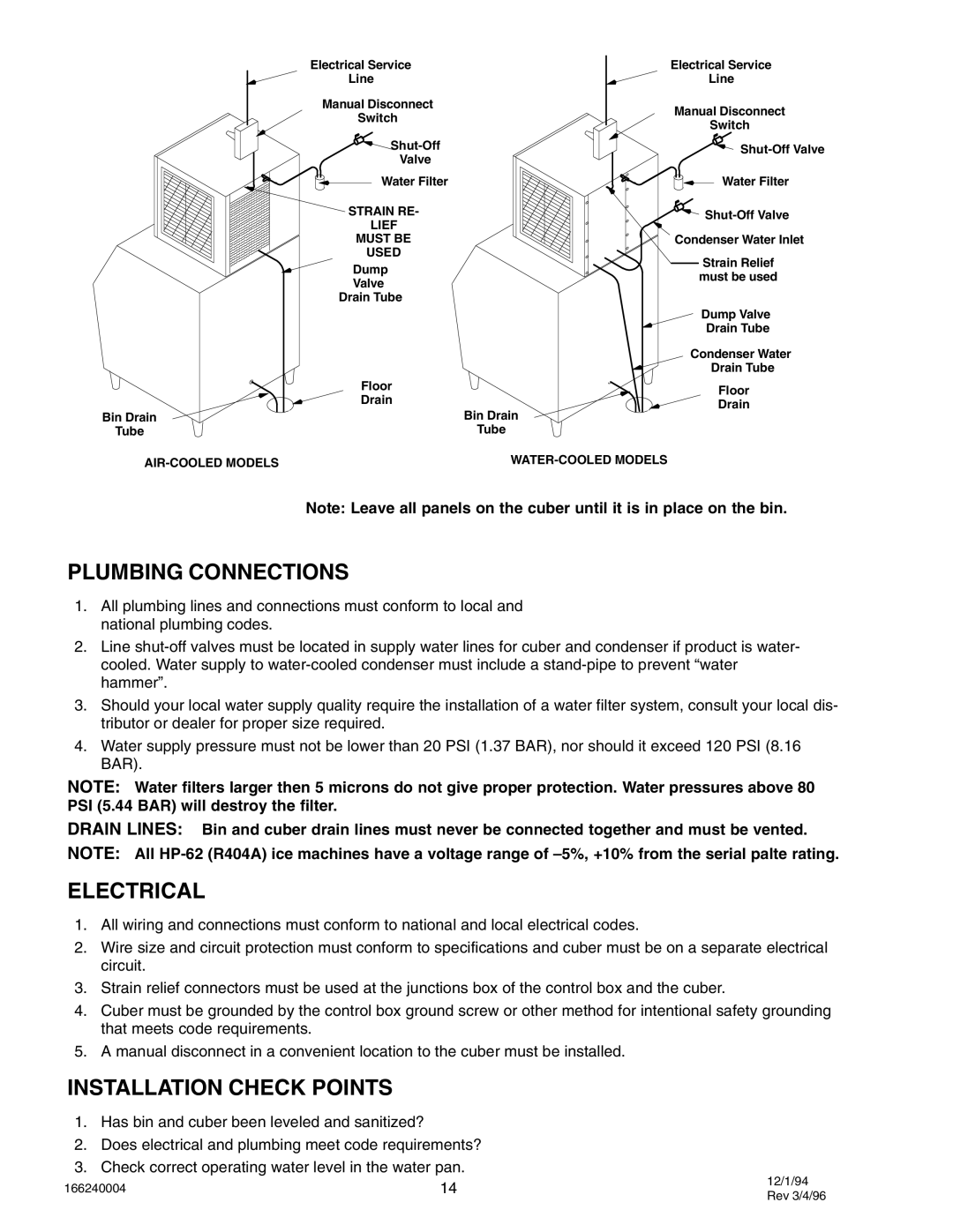 Cornelius CR1400, IAC 322, IAC227, CR800, CR1200, IWC530, IWC330 Plumbing Connections, Electrical, Installation Check Points 