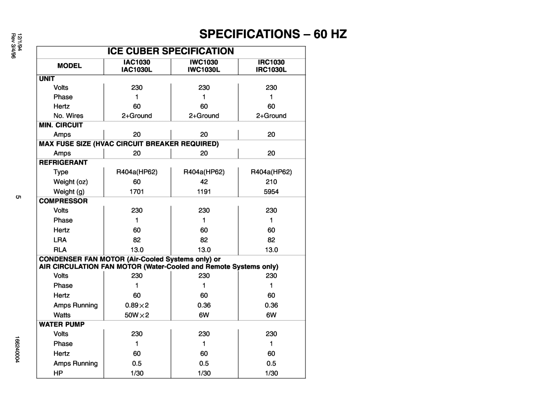 Cornelius IAC330, IAC 322, IAC227, CR800, CR1200, CR1400, IWC530, IWC330, IWC322 SPECIFICATIONS - 60 HZ, Ice Cuber Specification 
