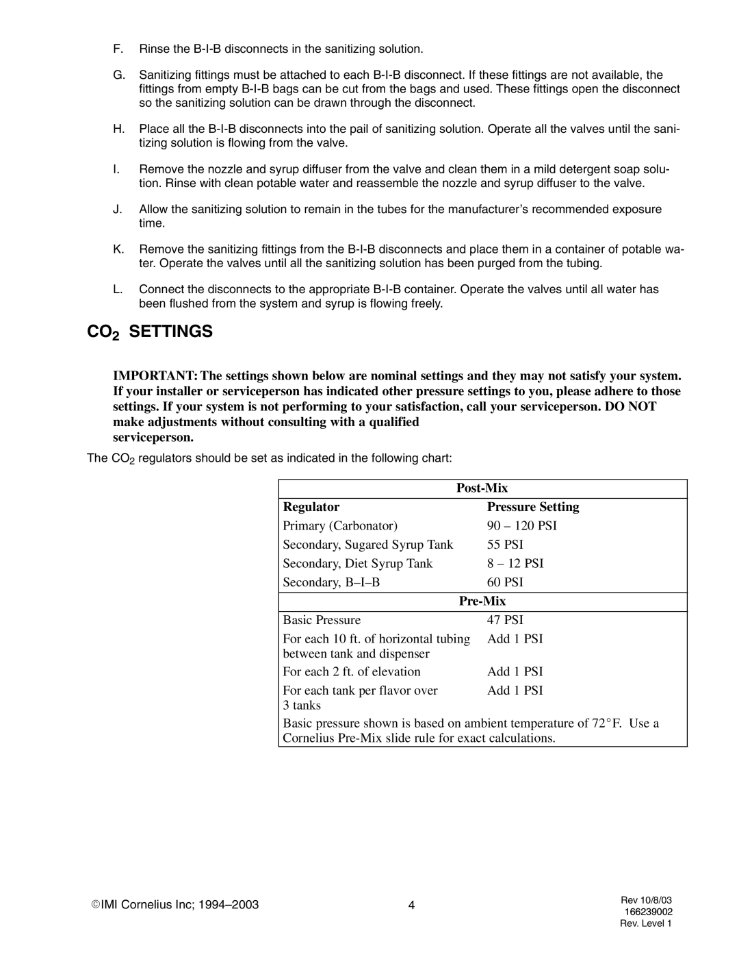 Cornelius Ice Cooled Dispensers manual CO2 Settings, Post-Mix, Regulator Pressure Setting, Pre-Mix 