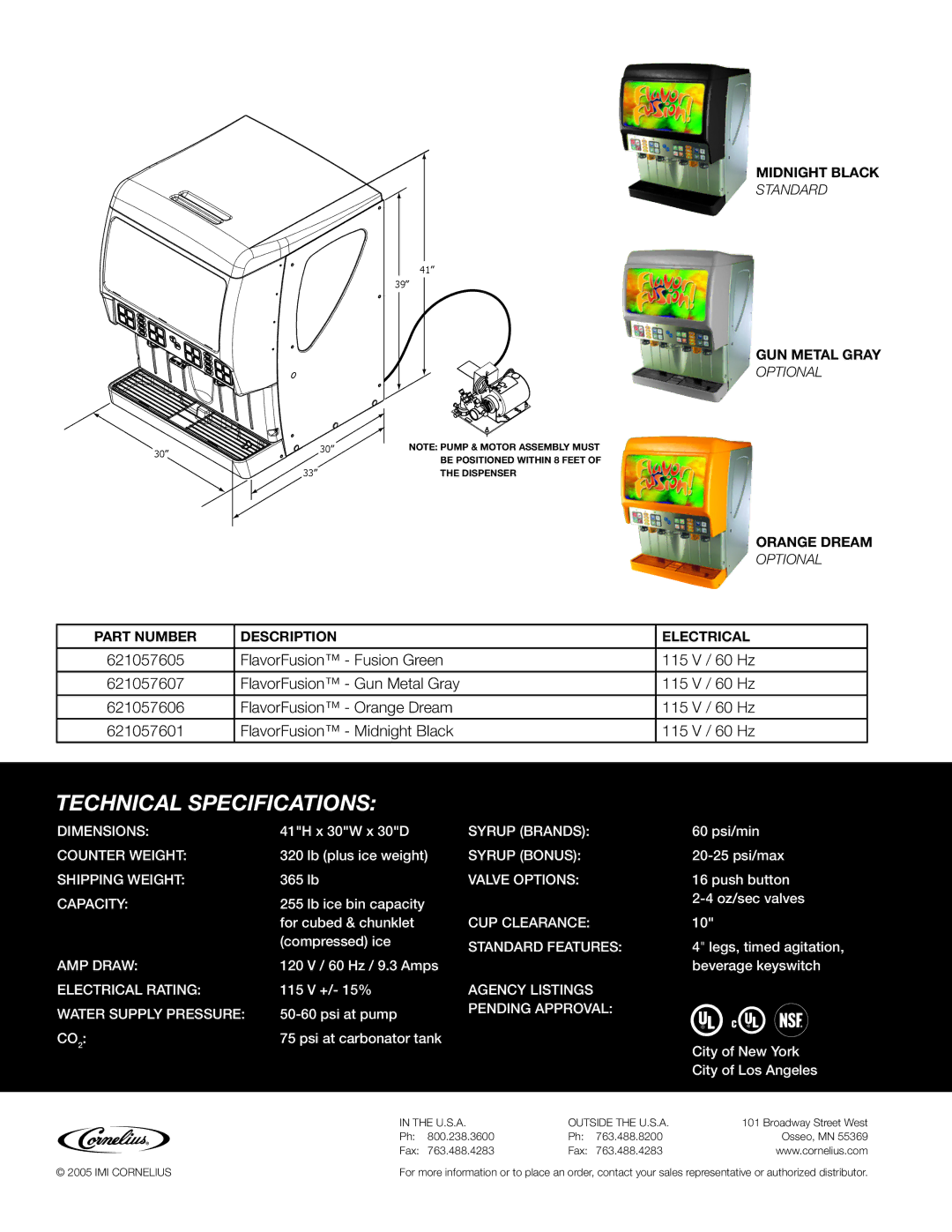 Cornelius Ice Drink Dispenser with Flavor Shot manual Technical Specifications 