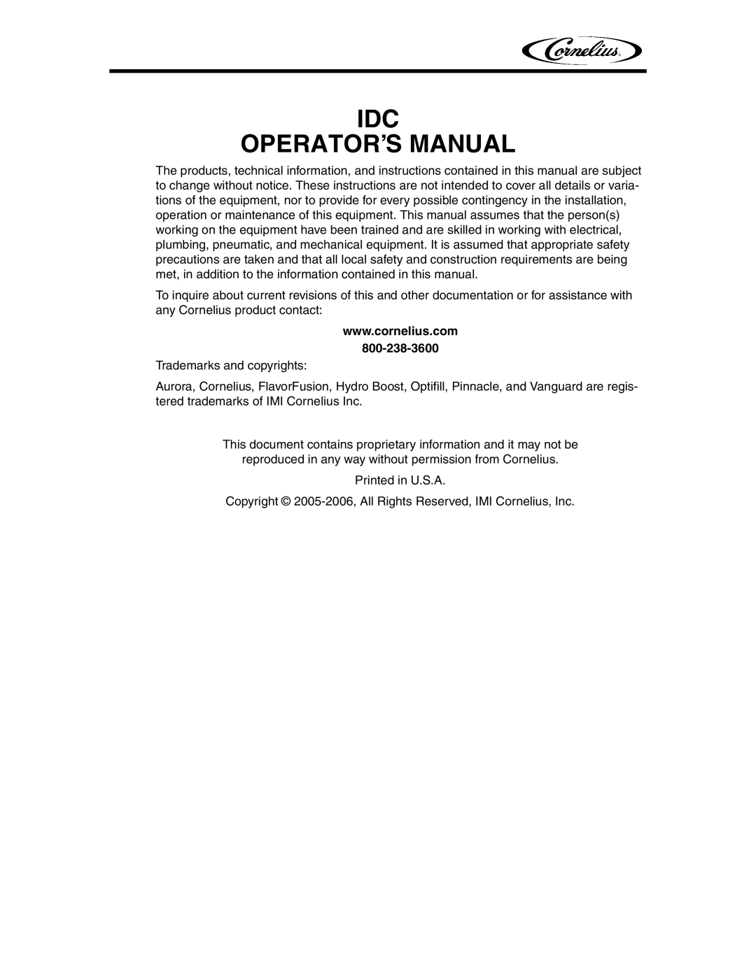 Cornelius IDC 2XX manual IDC OPERATOR’S Manual 